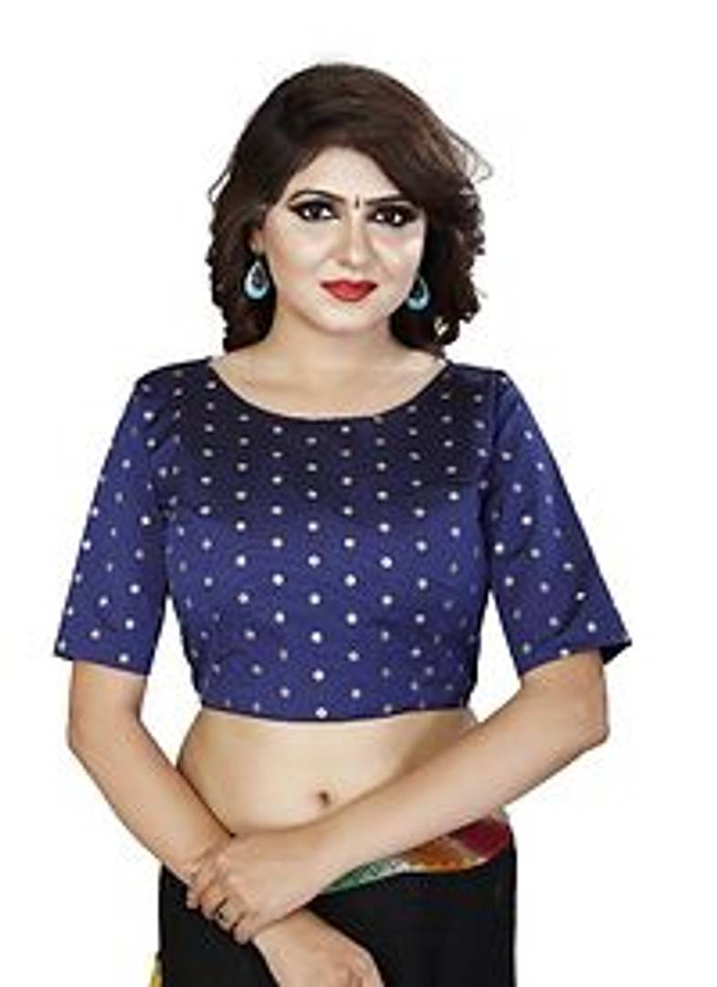 Navy Blue Brocade Boat Neck Stitched Blouse